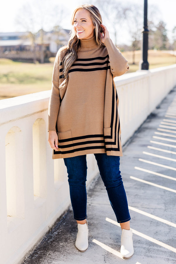 Chic Soul Plus size clothing, Tan tunic sweater with turtleneck. Ribbed fabric with long sleeves, front pockets and horizontal stripes.