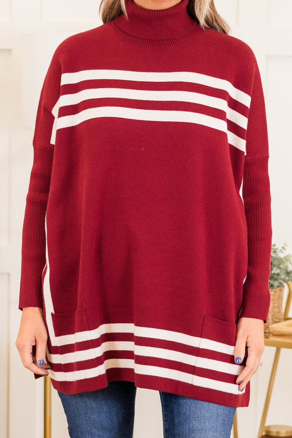Chic Soul plus size clothing, long-sleeve wine red tunic with turtleneck and white striped pattern detailing