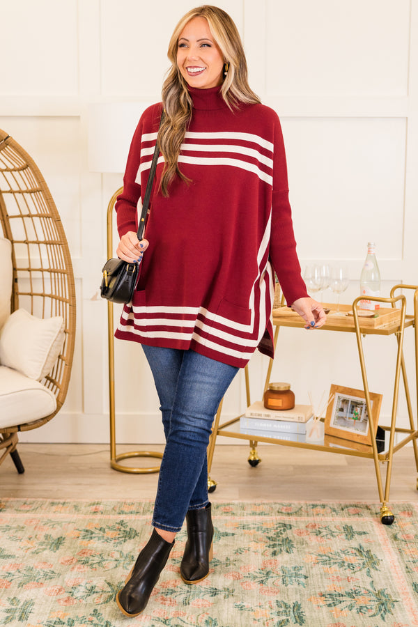 Chic Soul plus size clothing, long-sleeve wine red tunic with turtleneck and white striped pattern detailing