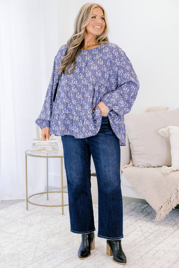 Chic Soul plus size clothing, long sleeve navy blouse with small white floral print