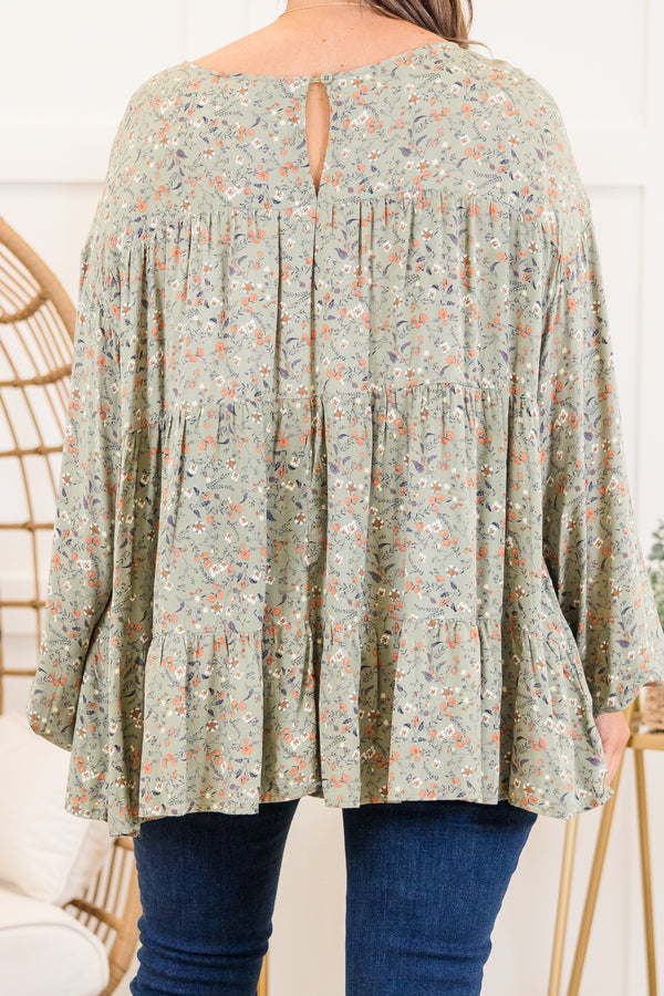 Chic Soul plus size clothing, long-sleeve olive green ruffled top with high-scoop-neckline and orange and ivory small floral pattern