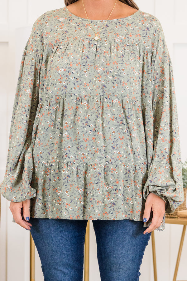 Chic Soul plus size clothing, long-sleeve olive green ruffled top with high-scoop-neckline and orange and ivory small floral pattern