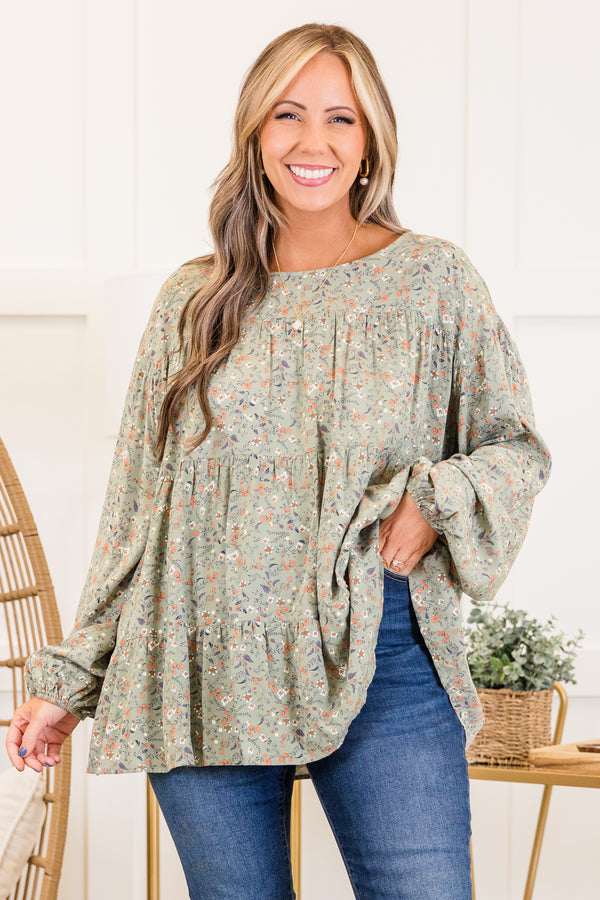Chic Soul plus size clothing, long-sleeve olive green ruffled top with high-scoop-neckline and orange and ivory small floral pattern