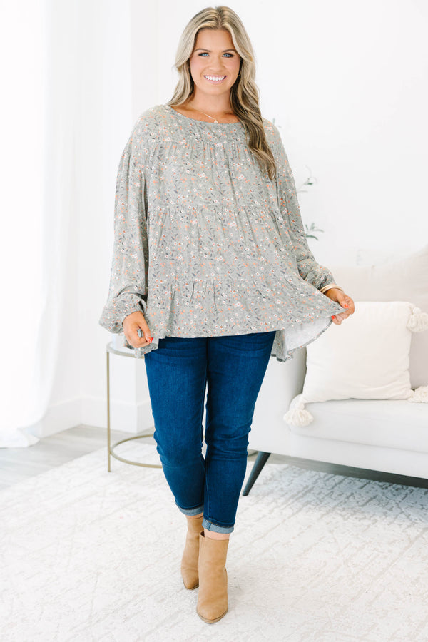 Chic Soul plus size clothing, long-sleeve olive green ruffled top with high-scoop-neckline and orange and ivory small floral pattern
