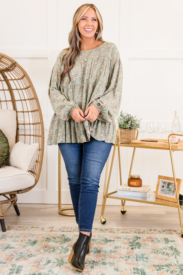 Chic Soul plus size clothing, long-sleeve olive green ruffled top with high-scoop-neckline and orange and ivory small floral pattern