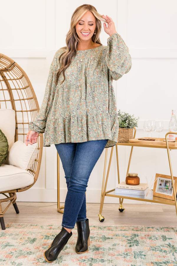 Chic Soul plus size clothing, long-sleeve olive green ruffled top with high-scoop-neckline and orange and ivory small floral pattern