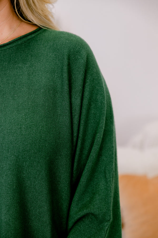 Chic Soul plus size clothing, dark heather green sweater with long sleeves and a ribbed texture on the bottom of the sweater and at the end of the sleeves 