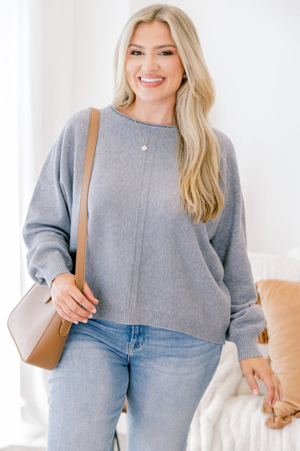Chic Soul plus size clothing, heather gray long sleeve sweater with seam down the middle of the front