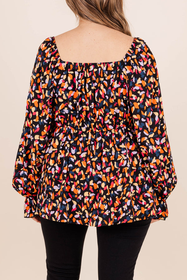 Chic Soul plus size clothing, black/fuchsia abstract pattern long sleeve top with a square neckline