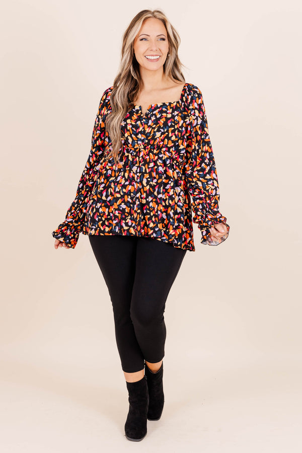 Chic Soul plus size clothing, black/fuchsia abstract pattern long sleeve top with a square neckline