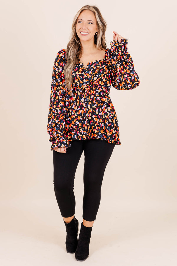 Chic Soul plus size clothing, black/fuchsia abstract pattern long sleeve top with a square neckline