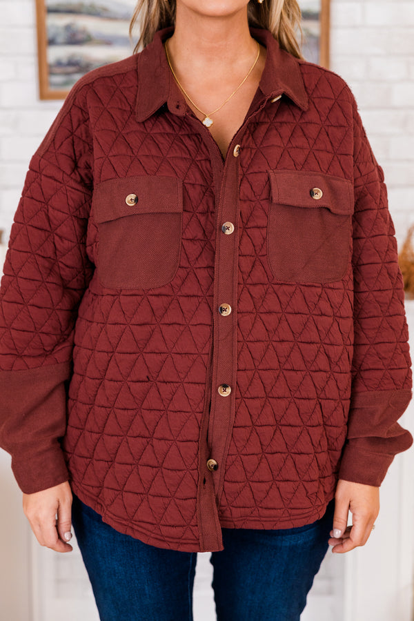 Chic Soul plus size clothing, brick red long-sleeve quilted button-down shacket with collar and brown tortoise button detailing with buttoned pockets on bodice