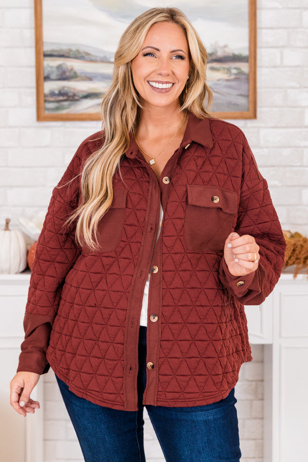Chic Soul plus size clothing, brick red long-sleeve quilted button-down shacket with collar and brown tortoise button detailing with buttoned pockets on bodice