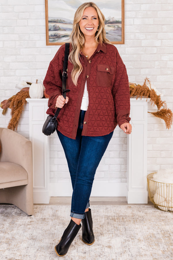 Chic Soul plus size clothing, brick red long-sleeve quilted button-down shacket with collar and brown tortoise button detailing with buttoned pockets on bodice