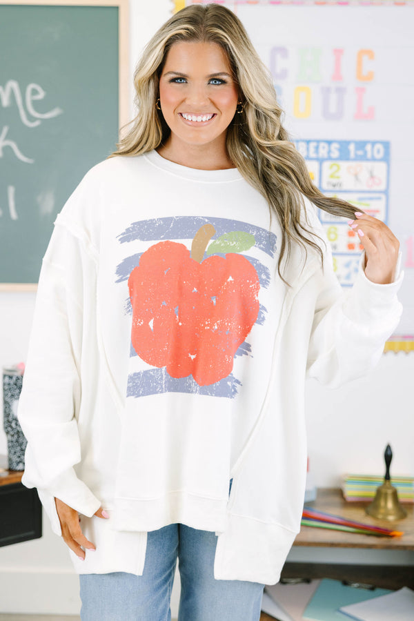 Plus size ivory sweatshirt with a distressed apple graphic.