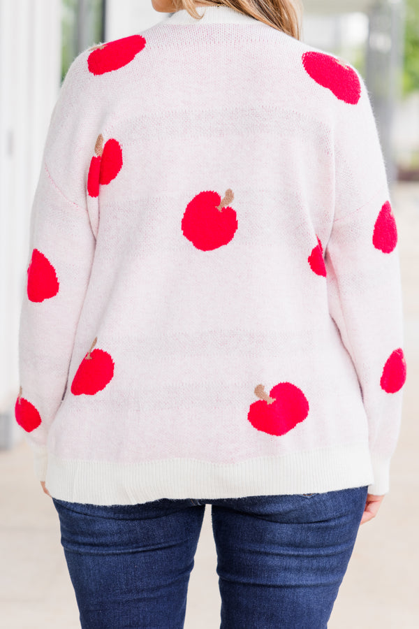 Chic Soul plus size clothing, long sleeve light pink knit sweater with scoop-neckline and pattern with red apples scattered across sweater