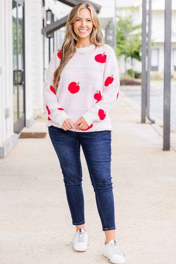 Chic Soul plus size clothing, long sleeve light pink knit sweater with scoop-neckline and pattern with red apples scattered across sweater