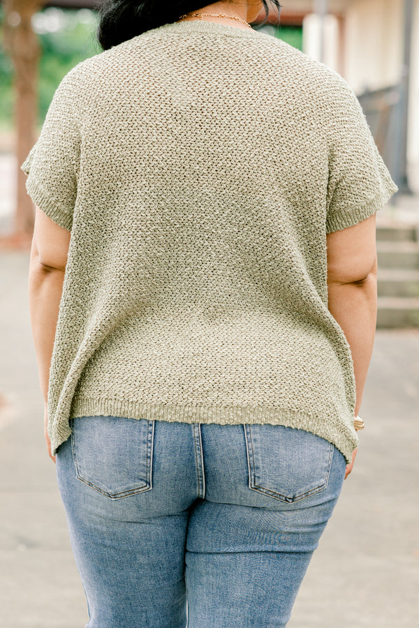 Chic Soul plus size clothing, olive short sleeve knit top with round neckline 