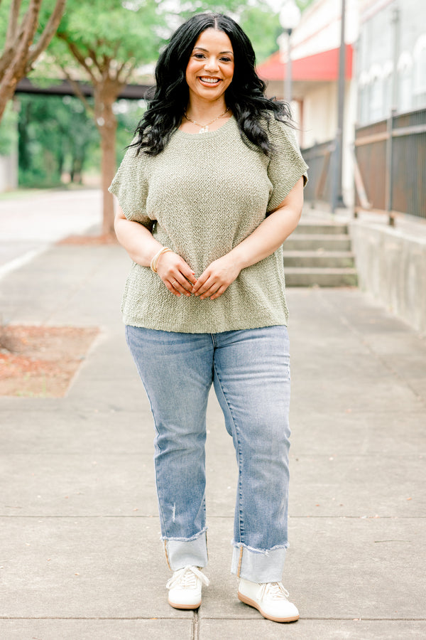Chic Soul plus size clothing, olive short sleeve knit top with round neckline 
