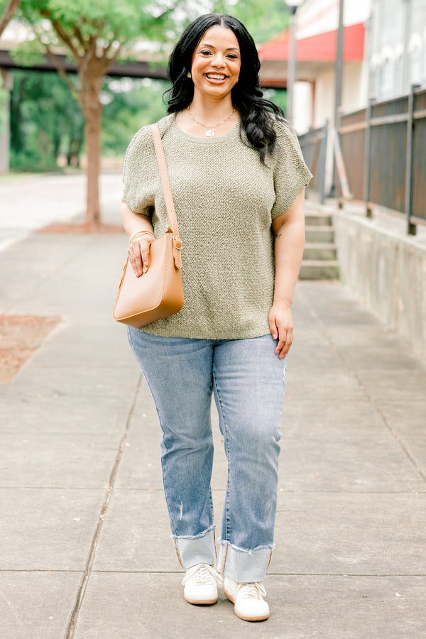 Chic Soul plus size clothing, olive short sleeve knit top with round neckline 