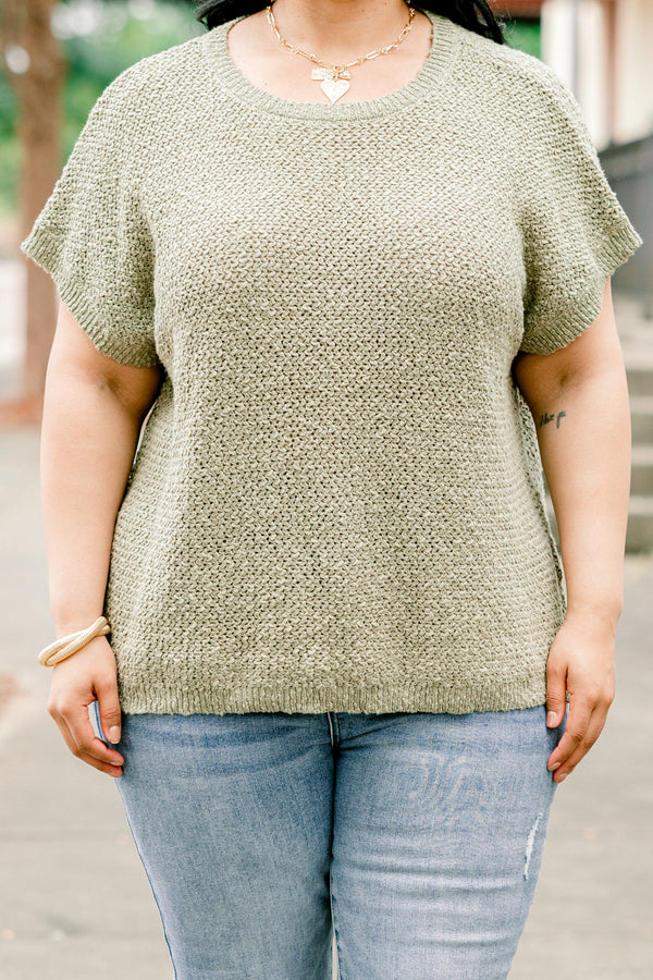 Chic Soul plus size clothing, olive short sleeve knit top with round neckline 