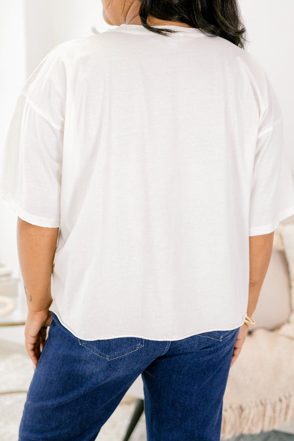 Chic Soul plus size clothing, white short sleeve graphic tee with the saying 
