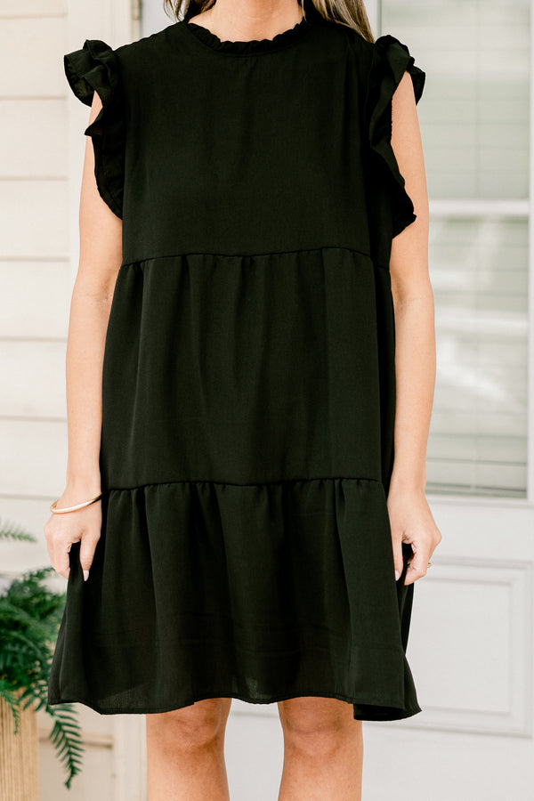 Chic Soul plus size clothing, black short dress with short ruffle sleeves and smocked neckline