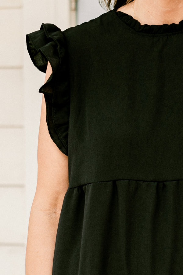 Chic Soul plus size clothing, black short dress with short ruffle sleeves and smocked neckline