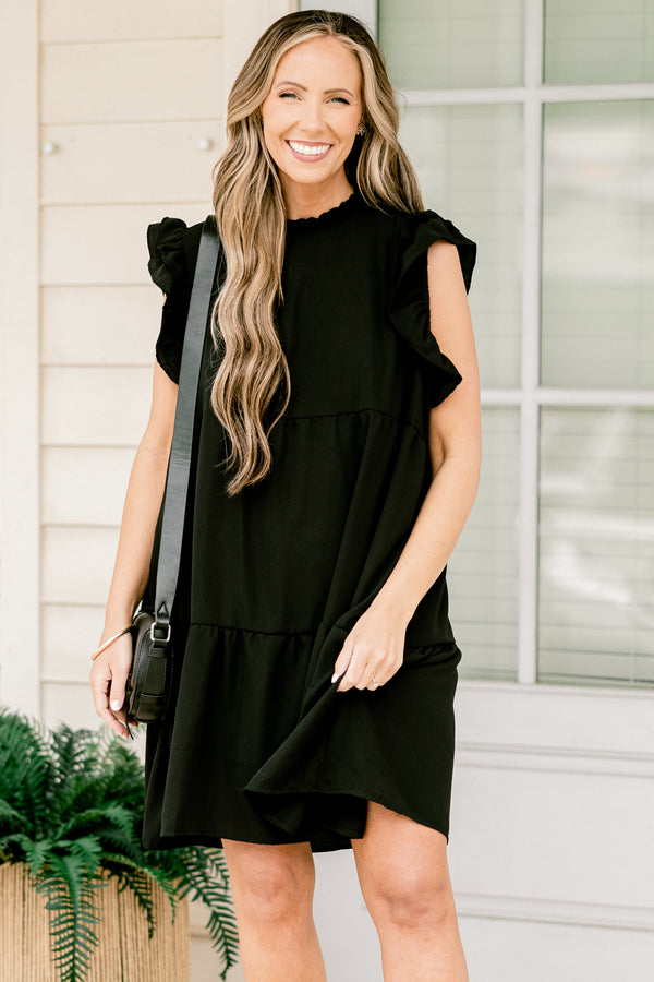 Chic Soul plus size clothing, black short dress with short ruffle sleeves and smocked neckline