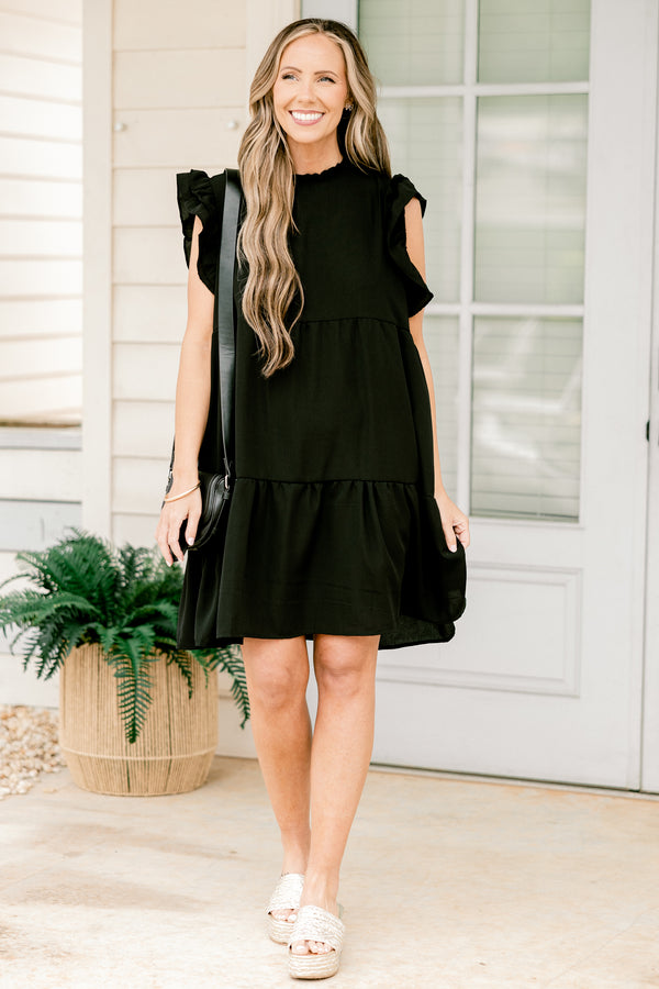 Chic Soul plus size clothing, black short dress with short ruffle sleeves and smocked neckline