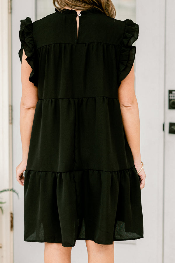 Chic Soul plus size clothing, black short dress with short ruffle sleeves and smocked neckline