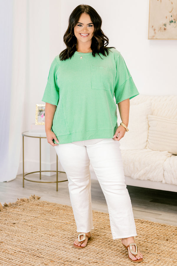 Chic Soul Plus size clothing, aqua short sleeve casual top with a ribbed pattern and a front pocket 
