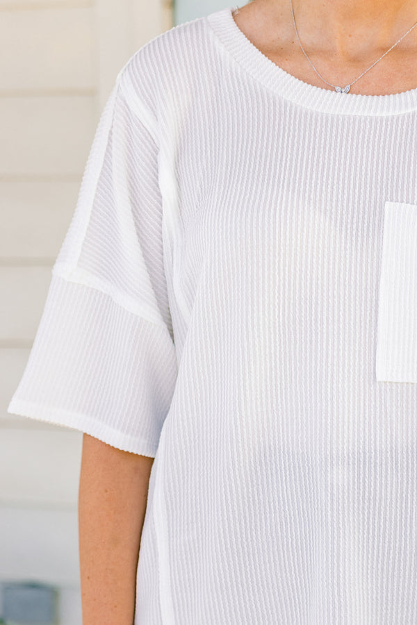 Chic soul plus size clothing, white short sleeve casual top with a ribbed pattern and a front pocket
