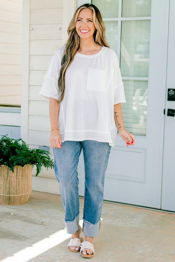 Chic soul plus size clothing, white short sleeve casual top with a ribbed pattern and a front pocket
