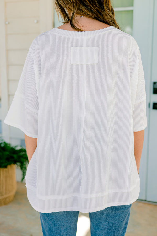 Chic soul plus size clothing, white short sleeve casual top with a ribbed pattern and a front pocket
