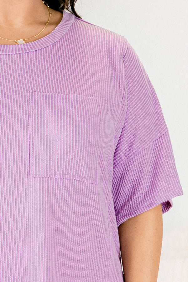 Chic Soul plus size clothing, lilac short sleeve ribbed basic top with pocket on front
