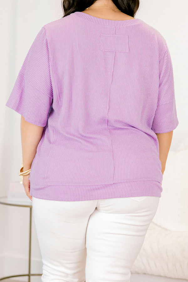 Chic Soul plus size clothing, lilac short sleeve ribbed basic top with pocket on front