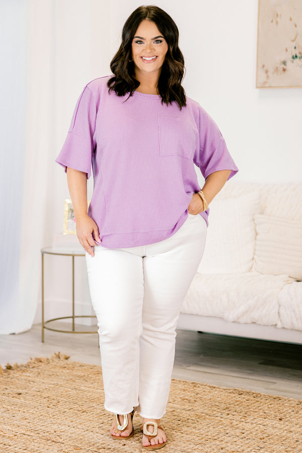 Chic Soul plus size clothing, lilac short sleeve ribbed basic top with pocket on front
