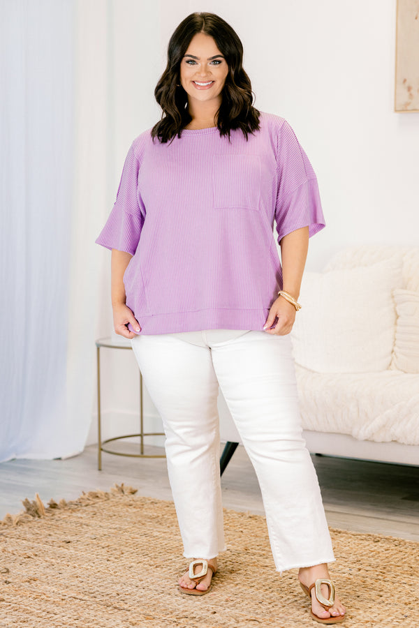 Chic Soul plus size clothing, lilac short sleeve ribbed basic top with pocket on front
