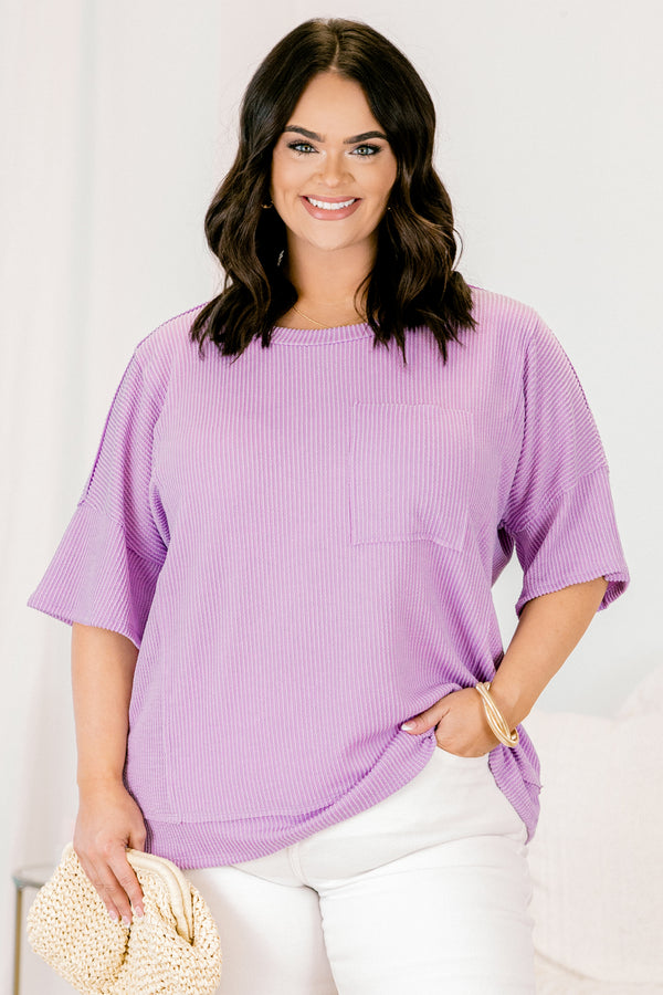 Chic Soul plus size clothing, lilac short sleeve ribbed basic top with pocket on front