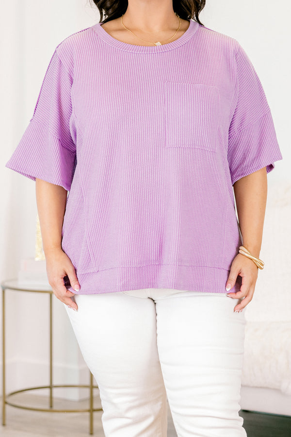 Chic Soul plus size clothing, lilac short sleeve ribbed basic top with pocket on front
