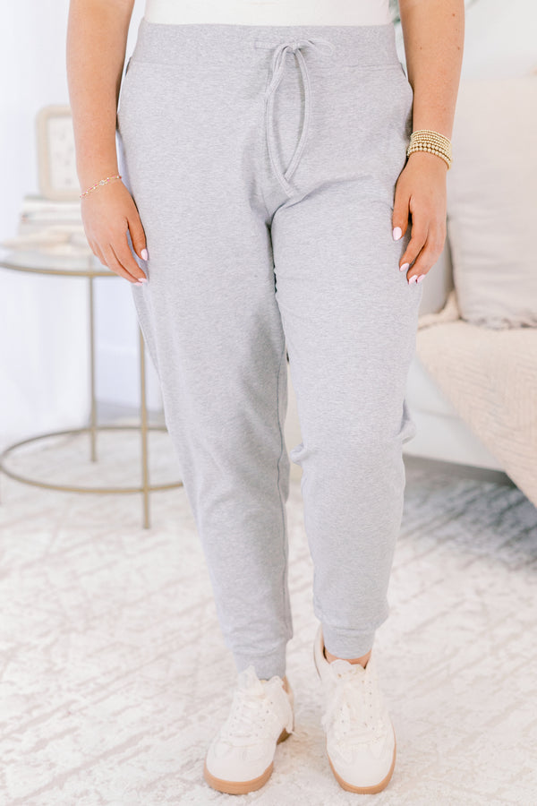 Chic Soul plus size clothing, heather grey joggers with drawstring waist tie and cinching at the ankles