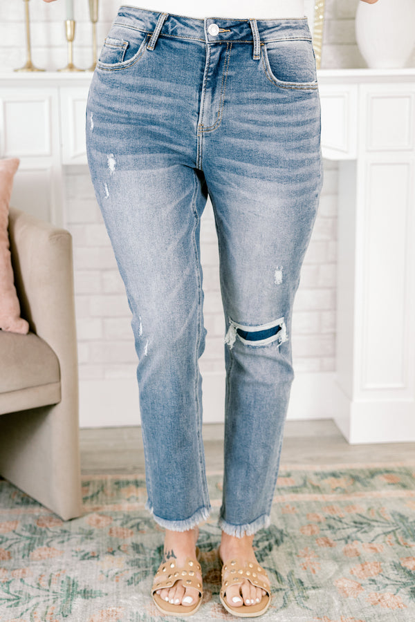 Chic Soul plus size clothing, medium wash jeans with distressed knee and frayed hem