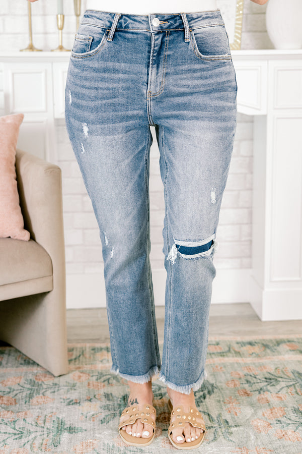 Chic Soul plus size clothing, medium wash jeans with distressed knee and frayed hem