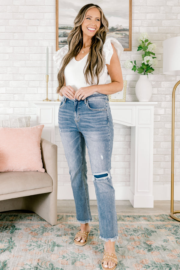 Chic Soul plus size clothing, medium wash jeans with distressed knee and frayed hem