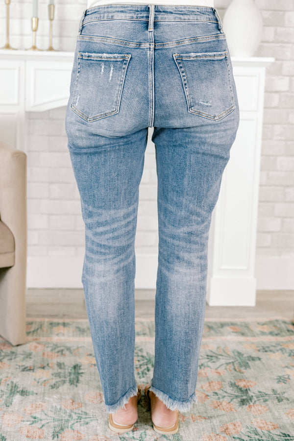 Chic Soul plus size clothing, medium wash jeans with distressed knee and frayed hem