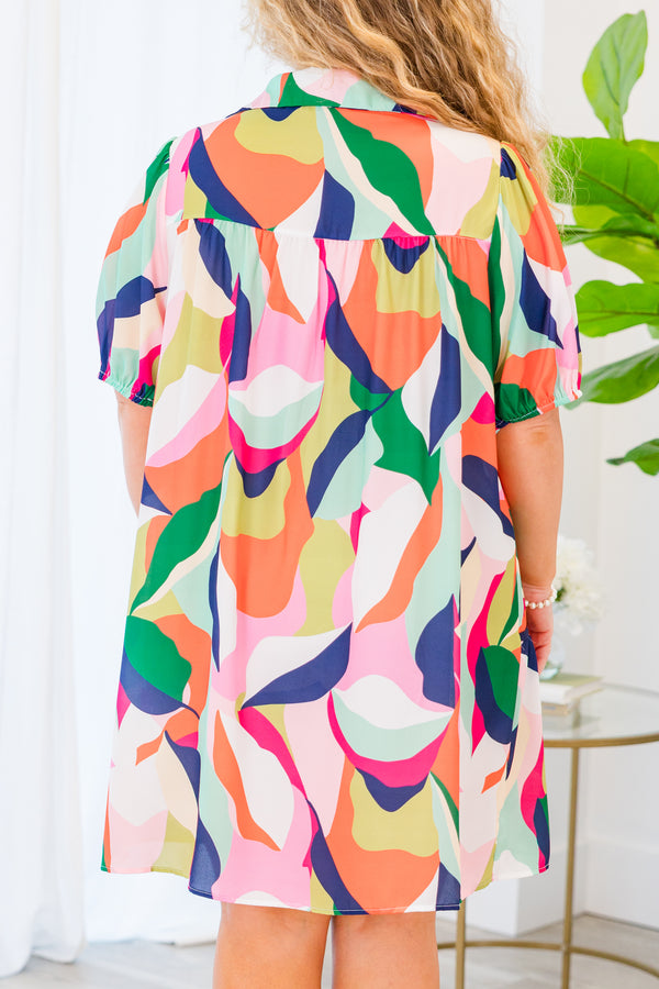 Chic Soul plus size clothing, multicolored abstract pattern tiered short sleeve mini dress with v cutout along neckline and puff sleeves and collar detail