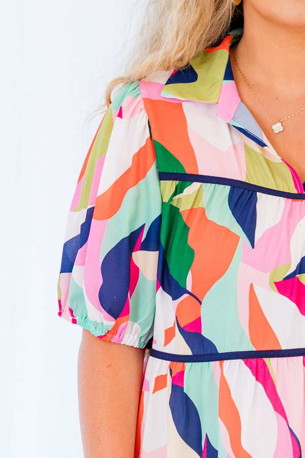 Chic Soul plus size clothing, multicolored abstract pattern tiered short sleeve mini dress with v cutout along neckline and puff sleeves and collar detail
