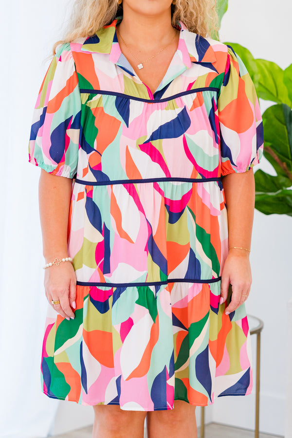 Chic Soul plus size clothing, multicolored abstract pattern tiered short sleeve mini dress with v cutout along neckline and puff sleeves and collar detail