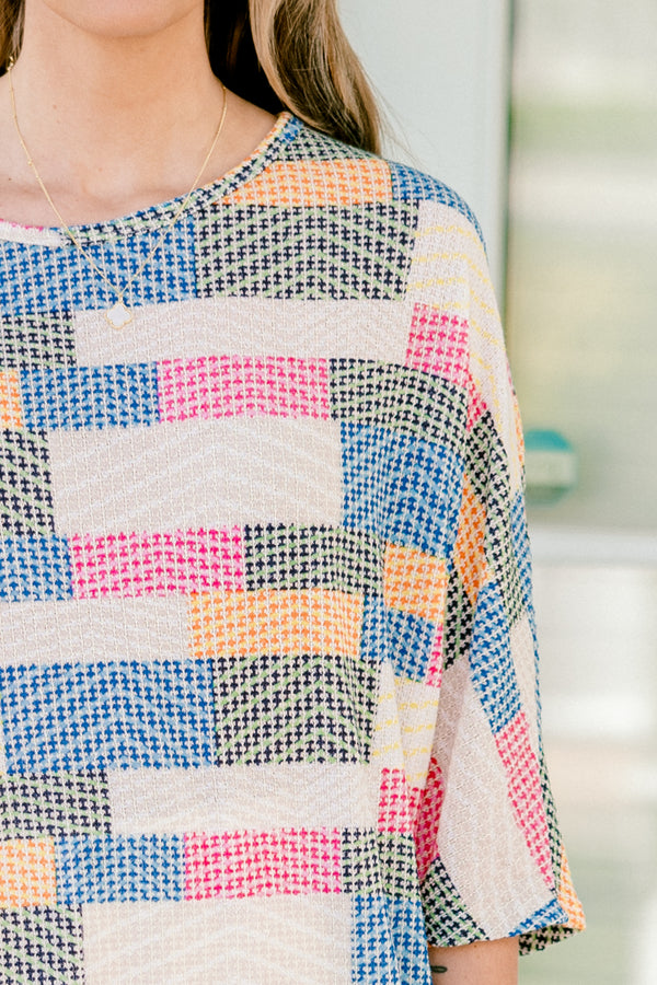 Chic Soul plus size clothing, quarter-sleeve multi-colored abstract striped top with a scoop-neckline